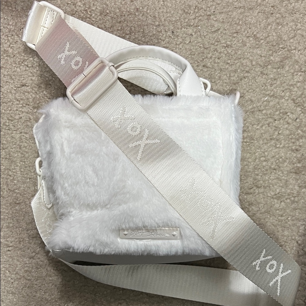 White Faux Fur Crossbody Bag with Branded Strap